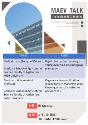 海工系3/3(二)演講訊息，歡迎參加(Nada Yimatsa (2nd yr of Doctor) & Morimaru Kida assistant professor Graduate School of Agricultural Science Faculty of Agriculture Kobe University)圖片