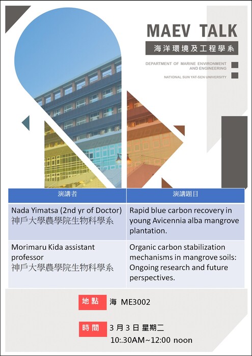 海工系3/3(二)演講訊息，歡迎參加(Nada Yimatsa (2nd yr of Doctor) & Morimaru Kida assistant professor Graduate School of Agricultural Science Faculty of Agriculture Kobe University)圖片