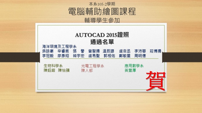 本系105-2學期電腦輔助繪圖課程輔導學生參加AUTOCAD 2015證照通過名單圖片