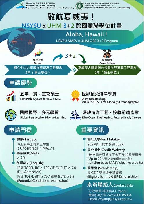 啟航夏威夷 ! NSYSU x UHM 3+2 跨國雙聯學位計畫 , 歡迎加入~圖片